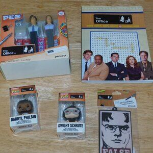 THE OFFICE tv show merch lot PEZ , Funko Pop keychains, activity book -